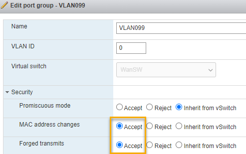 Port group settings when no changes are made at the vSwitch level.