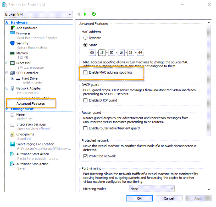 Enable MAC address spoofing in HyperV.