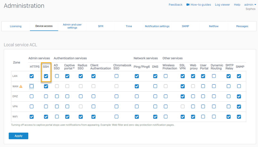 Turn on SSH for LAN zone.