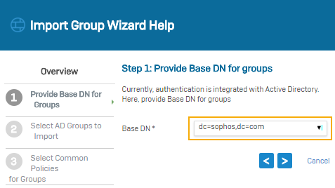 グループのインポートウィザードでベース DN をインポートします