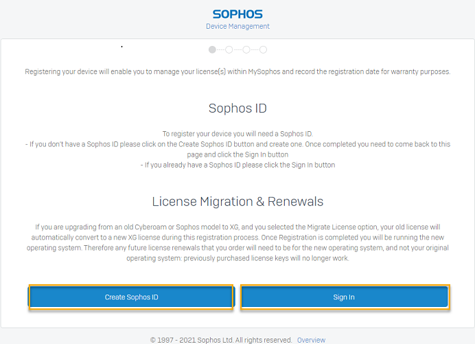 ログインまたは Sophos ID の作成を促すスクリーンショット。