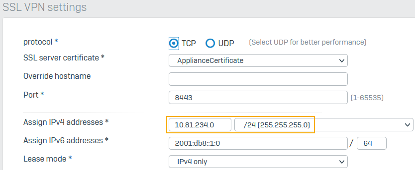 リモートアクセス SSL VPN ユーザーに IP アドレスを割り当てるためのサブネット