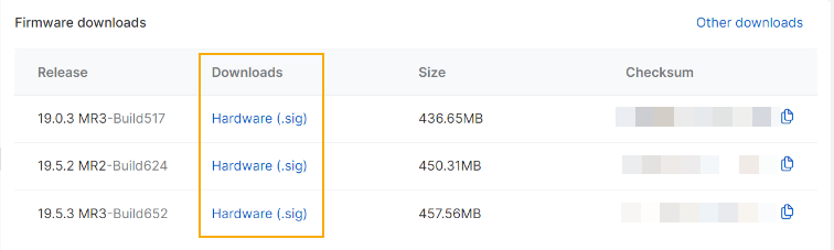 "Other downloads" link in the firmware downloads section.