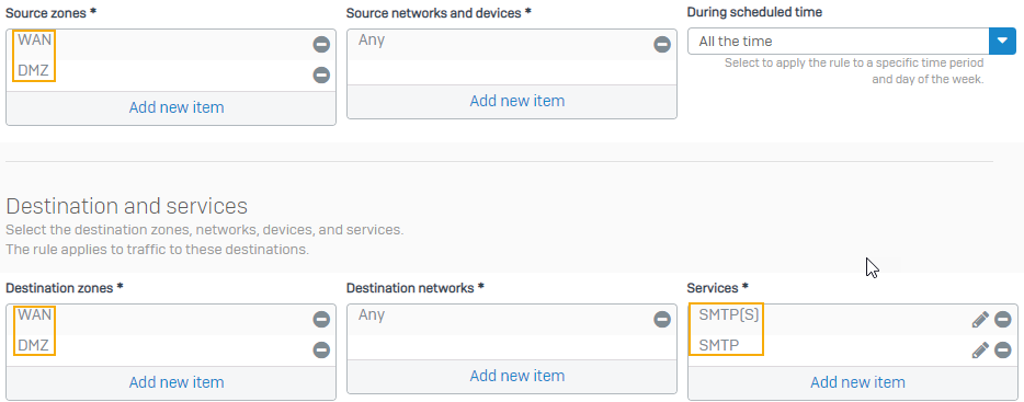 Source and destination zones in the firewall rule.