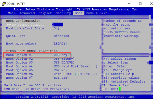 BIOS screen with USB key option.