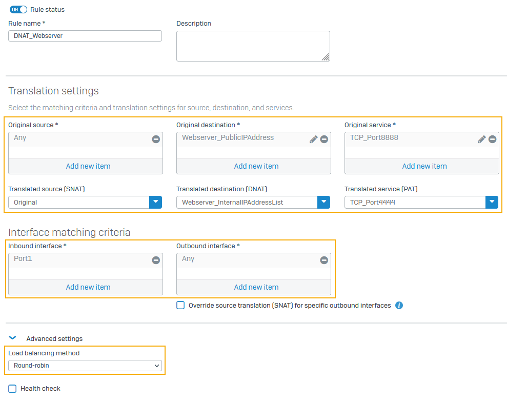 DNAT rule settings.