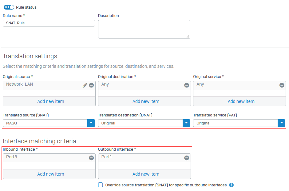 Source NAT rule settings.