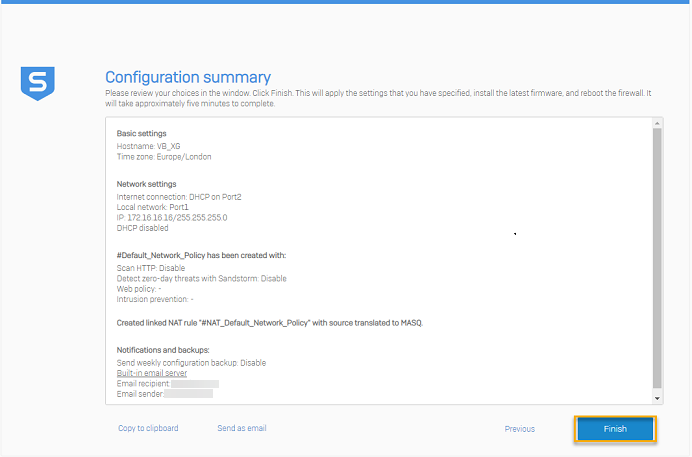 Configuration summary screen.