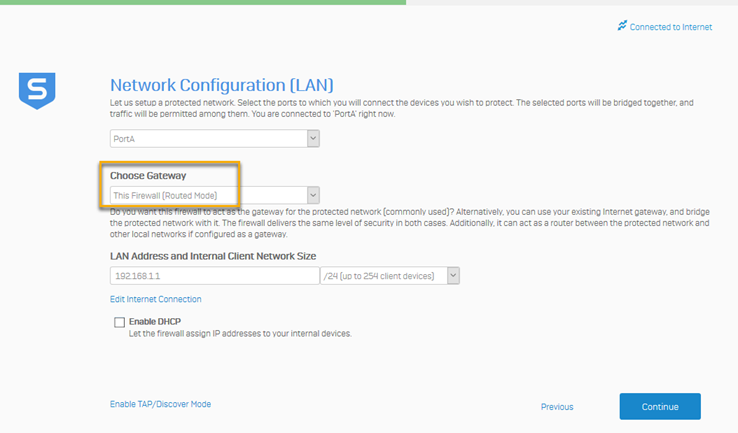 Network configuration screen where you can choose gateway mode.