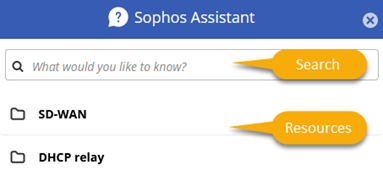 The Sophos Assistant window with the search bar at the top and the list of help resources below.