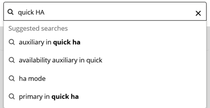 The search bar with the term "quick HA" entered and a list of suggested search terms.
