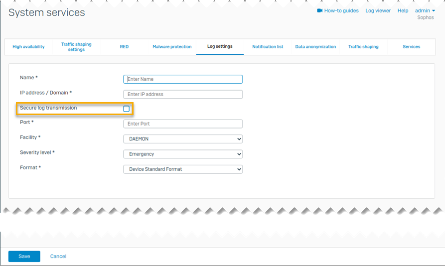 Configure settings for syslog server with the secure log transmission check box highlighted.