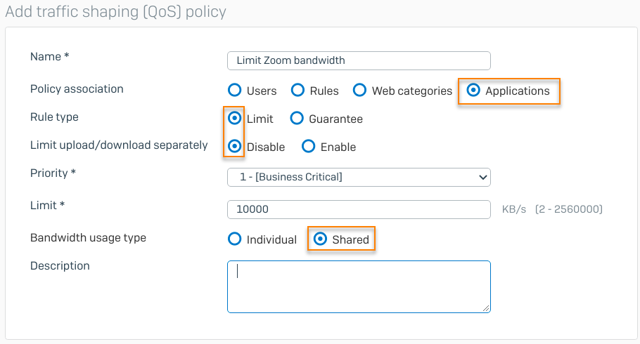 Settings for traffic shaping policy.