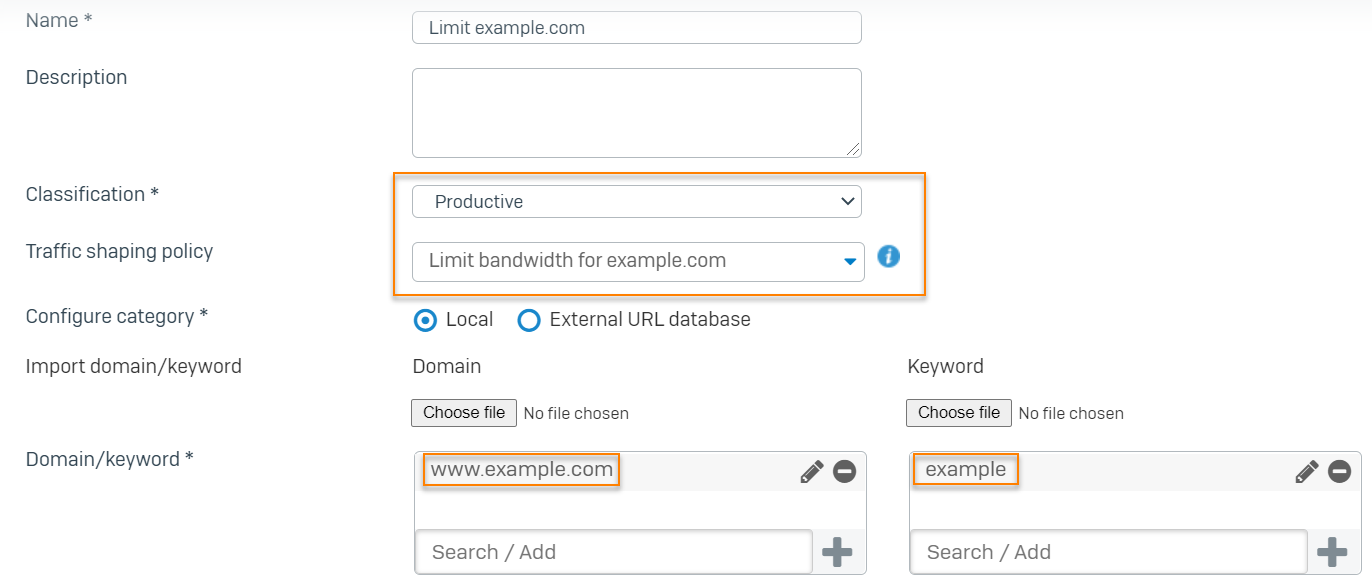 Example settings for custom web category.