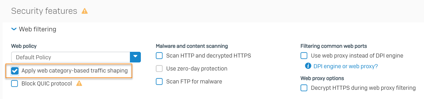 Example settings for security features.