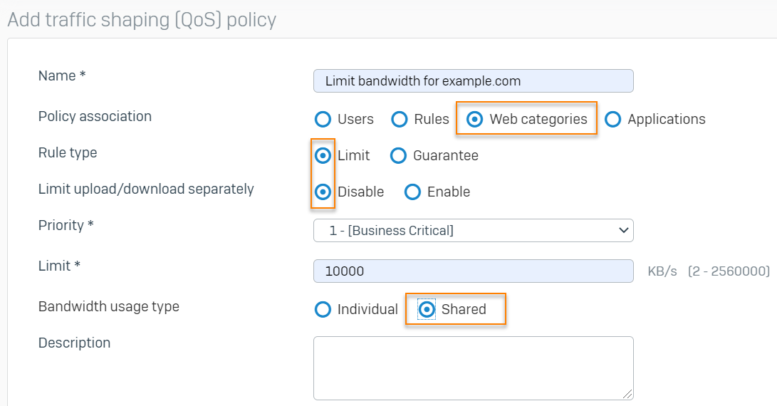 Traffic shaping settings for web categories.