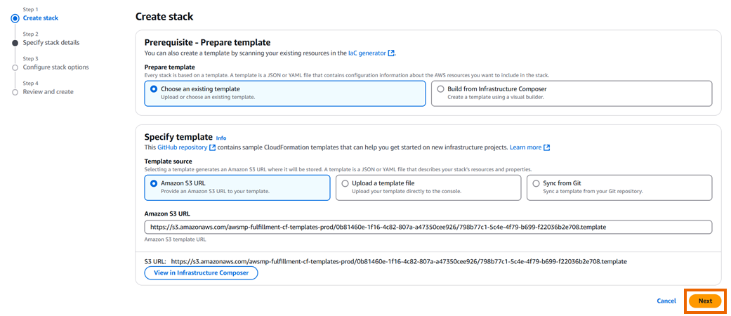 On the AWS CloudFormation console, create a stack.