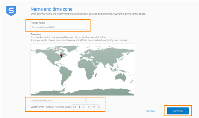 Add an Sophos Firewall name and time zone.