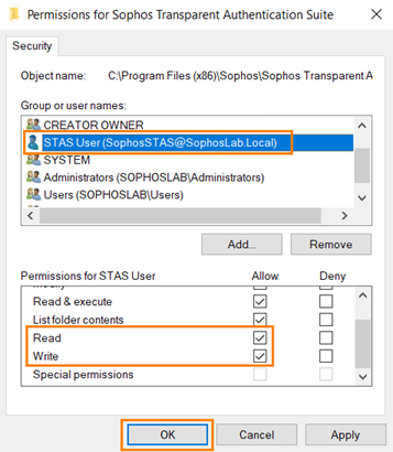 STAS Folder properties showing permissions.