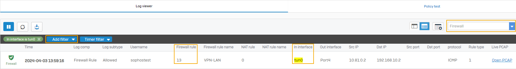 Firewall rule ID to identify the rule matching SSL VPN traffic.