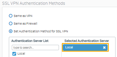 Authentication server set to Local in SSL VPN authentication methods.