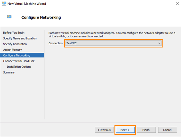 Configure networking tab of new virtual machine wizard.