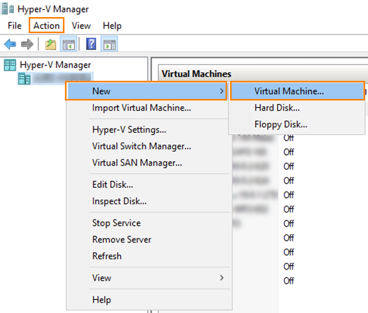 Action menu with virtual machine selected.