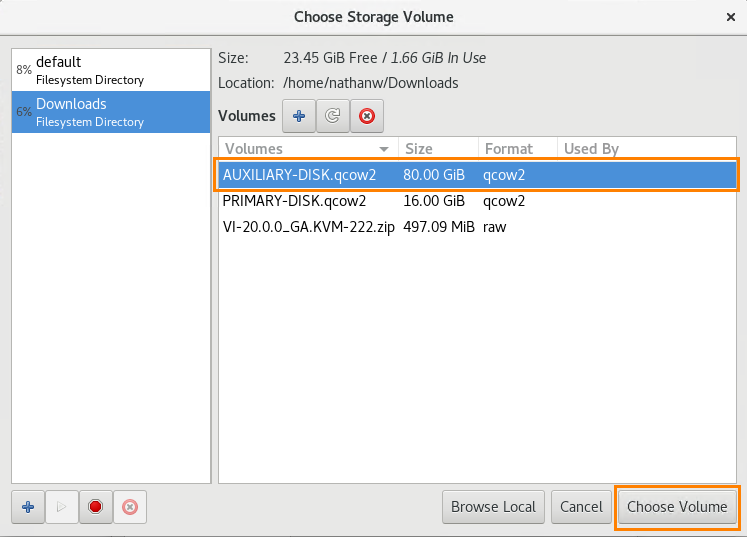 Locate existing storage dialog with auxiliary disk selected.