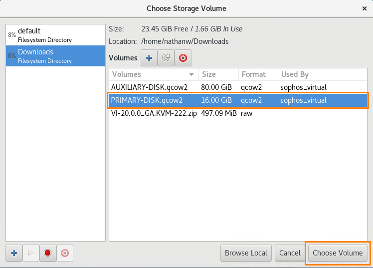 Choose storage volume dialog with prmiary-disk.qcow selected.