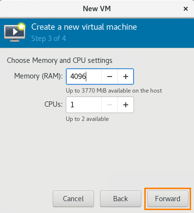 New VM dialog step three with RAM and CPUs selected.