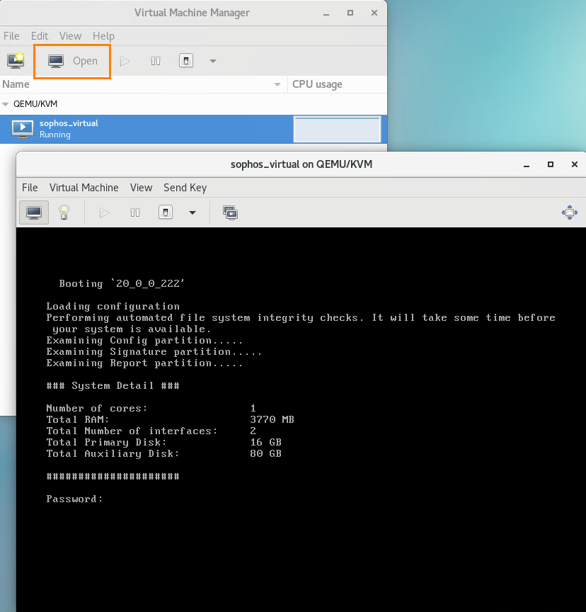 Virtual machine manager with firewall open and running.