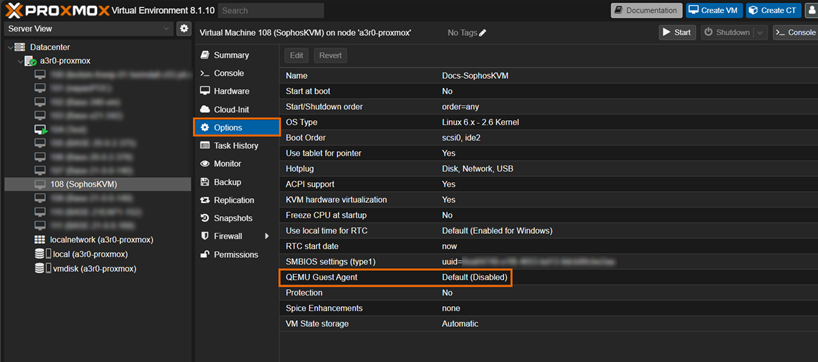 Proxmox VE dashboard showing VM options with QEMU Guest agent turned off.