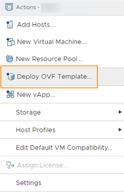vSphere menu with Deploy OVF Template selected.