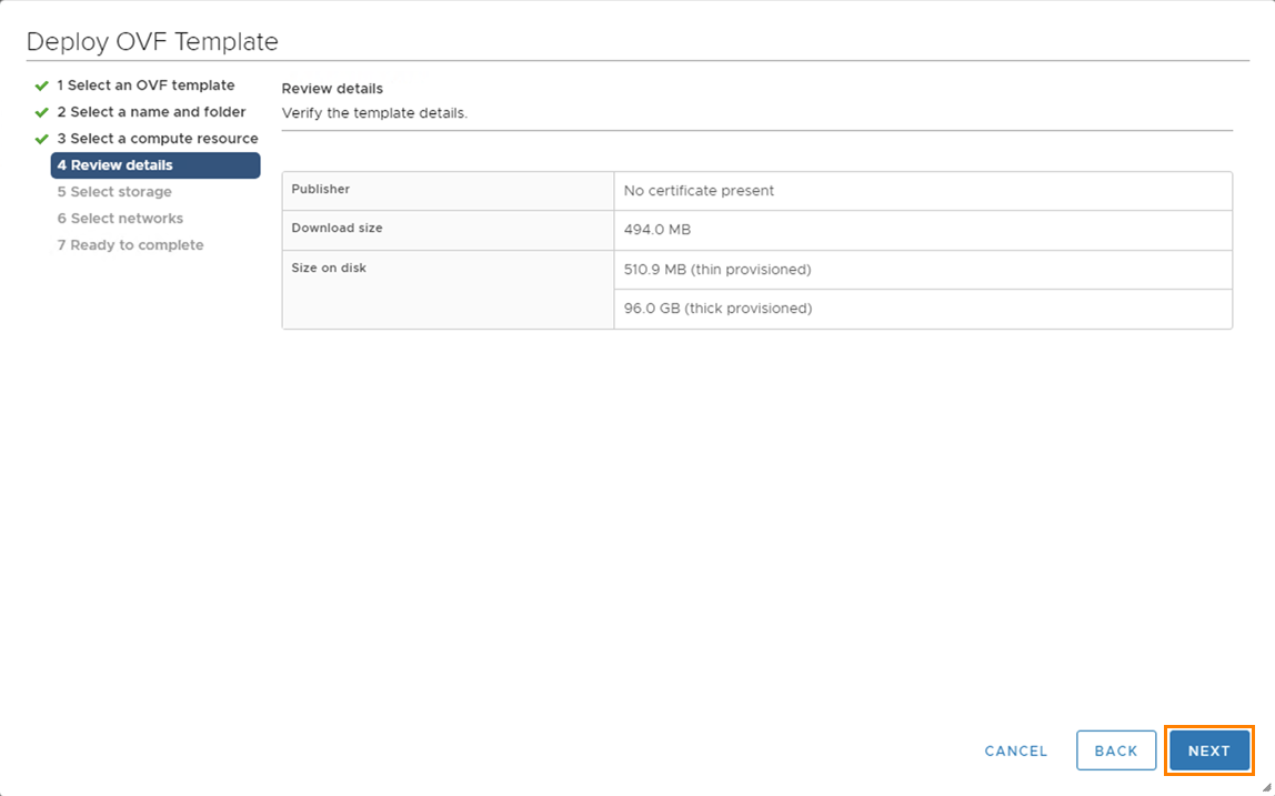 Deploy OVF template dialog step four, review details.
