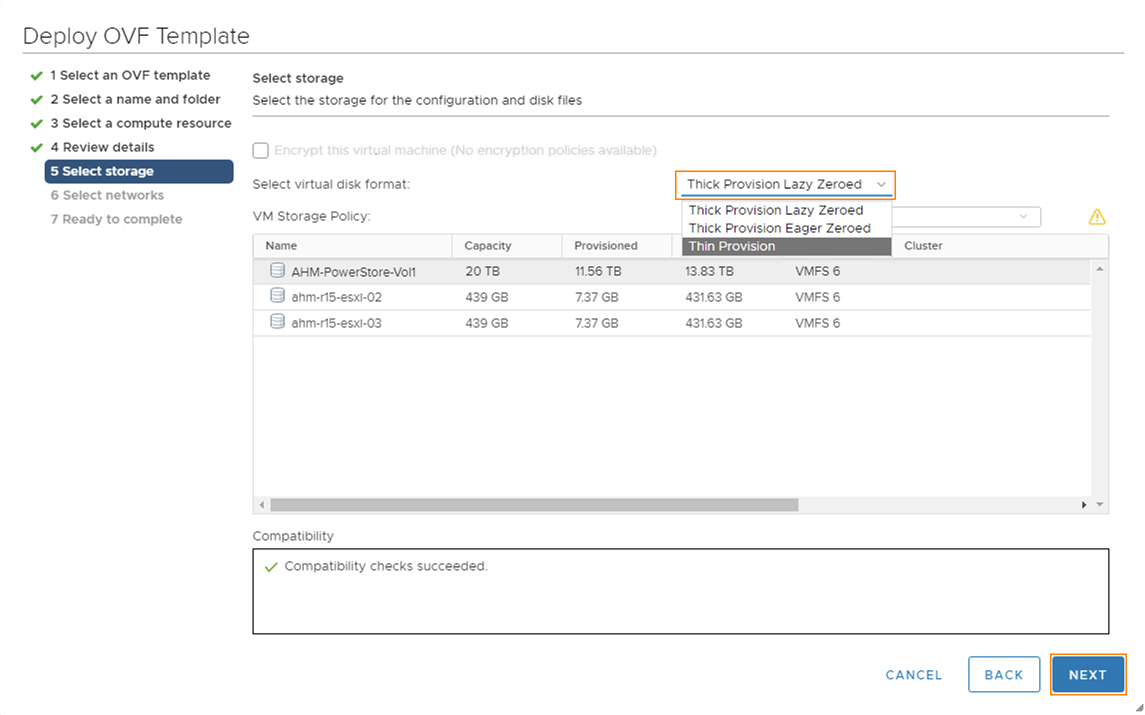 Deploy OVF template dialog step five, select storage.
