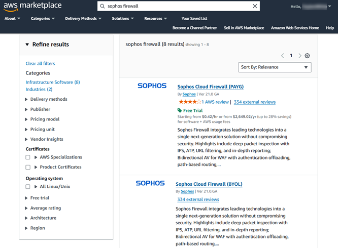 Sophos AWS Marketplace Product page.