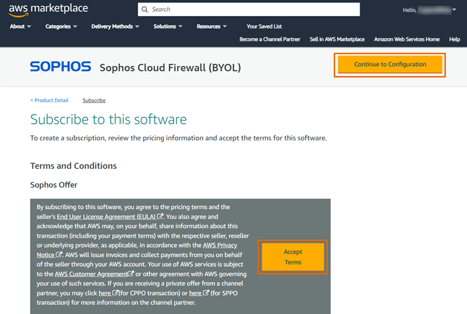 AWS subscription confirmation page.