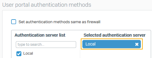 Authentication server set to Local in user portal authentication methods.
