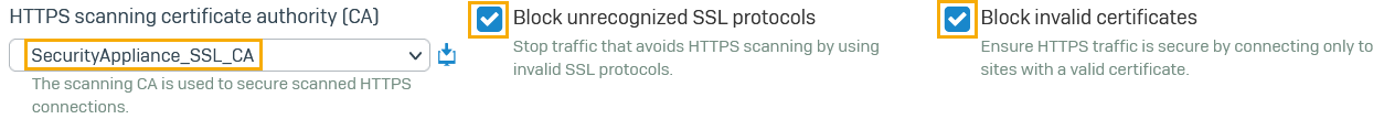 HTTPS decryption and scanning settings for web proxy.