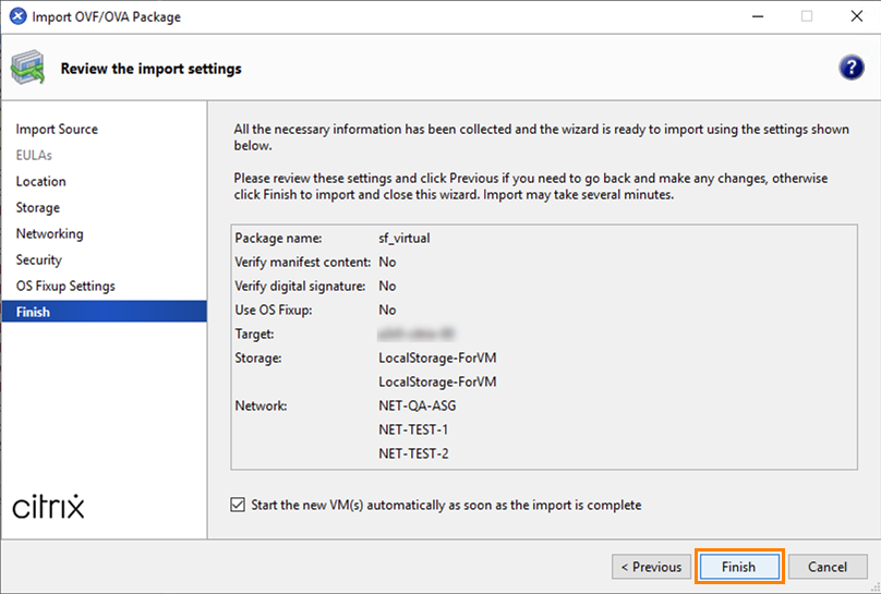 Dialog showing all VM settings.