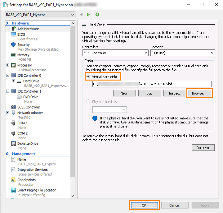 Virtual hard disk selected showing path to auxiliary disk.