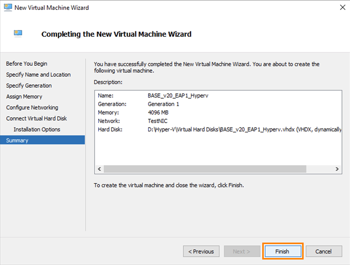 Summary tab of new virtual machine wizard.