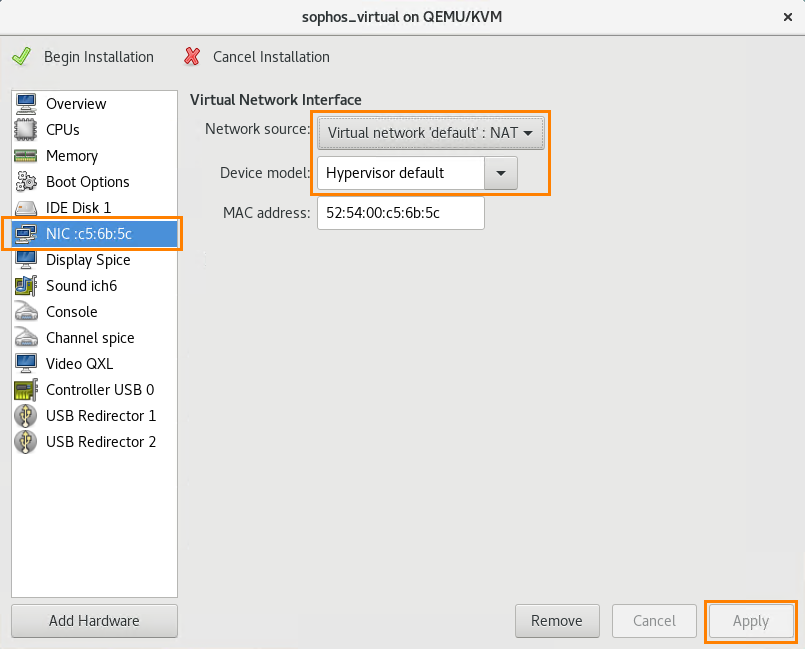 Dialog showing NIC 1 set to hypervisor default.