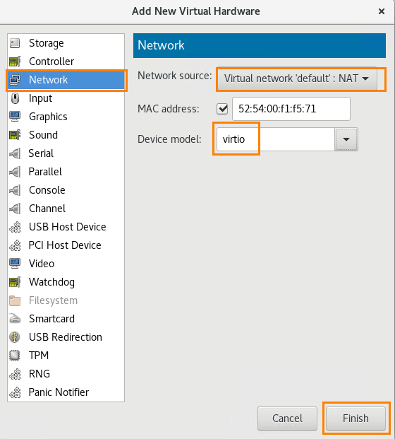 Dialog showing NIC 2 set to virtio.