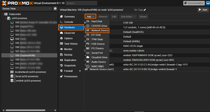 Proxmox VE dashboard with VM, Hardware, and Add buttons highlighted.