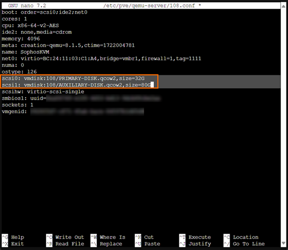 Terminal window with configuration file open and scsi0 and scsi1 lines highlighted.