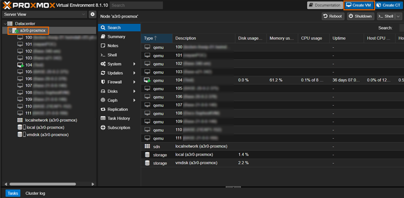 Proxmox VE dashboard with server and Create VM button highlighted.