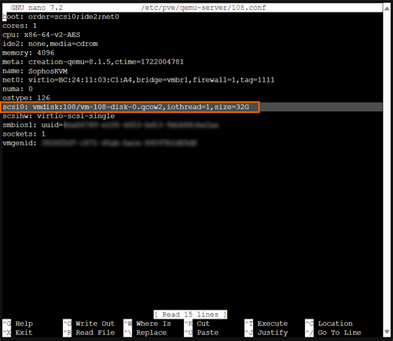Terminal window with configuration file open and scsi0 line highlighted.