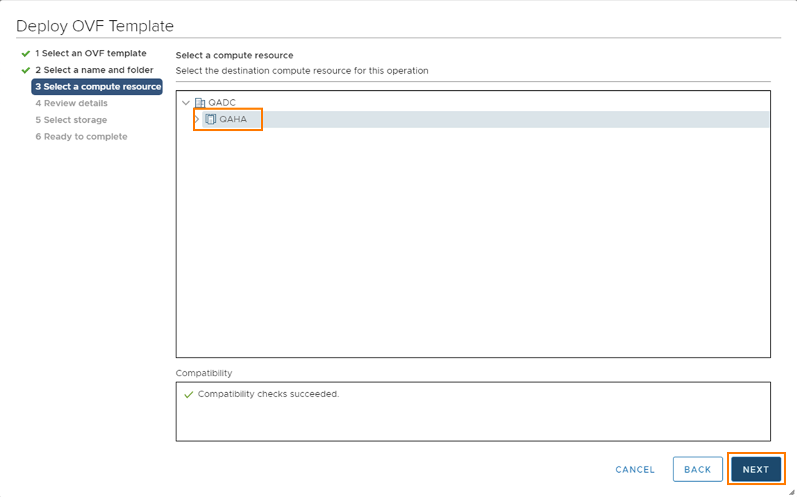 Deploy OVF template dialog step three, select a compute resource.