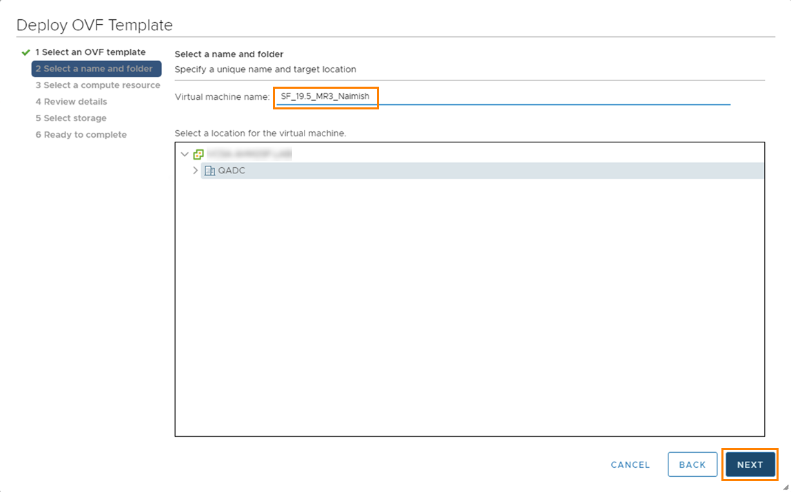 Deploy OVF template dialog step two, select a name and folder.